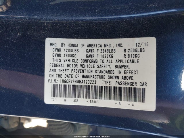 Aukcja sprzedaży 2017 Honda Accord Lx, vin: 1HGCR2F48HA123223, numer aukcji: 45175688