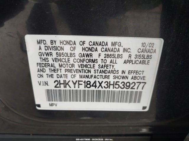 Продаж на аукціоні авто 2003 Honda Pilot Ex, vin: 2HKYF184X3H539277, номер лоту: 45175690