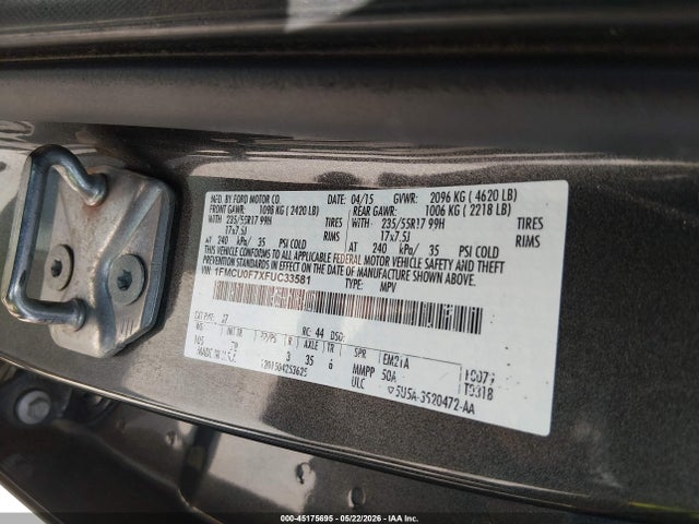 45175695 :رقم المزاد ، 1FMCU0F7XFUC33581 vin ، 2015 Ford Escape S مزاد بيع
