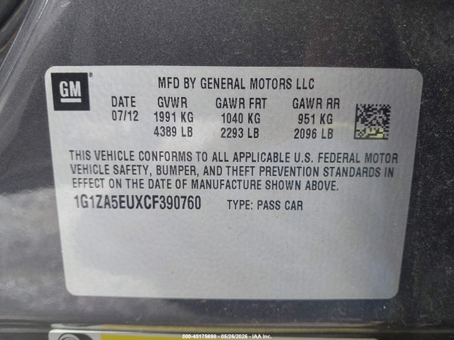 Продажа на аукционе авто 2012 Chevrolet Malibu Ls, vin: 1G1ZA5EUXCF390760, номер лота: 45175698