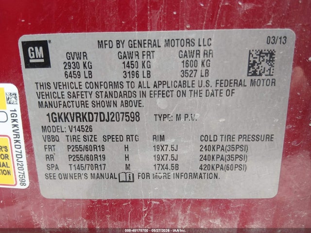 Aukcja sprzedaży 2013 Gmc Acadia Slt-1, vin: 1GKKVRKD7DJ207598, numer aukcji: 45175700