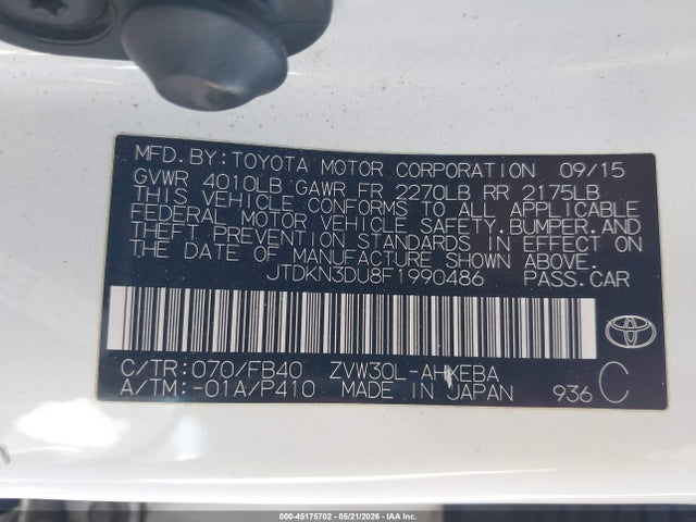 Aukcja sprzedaży 2015 Toyota Prius Two, vin: JTDKN3DU8F1990486, numer aukcji: 45175702