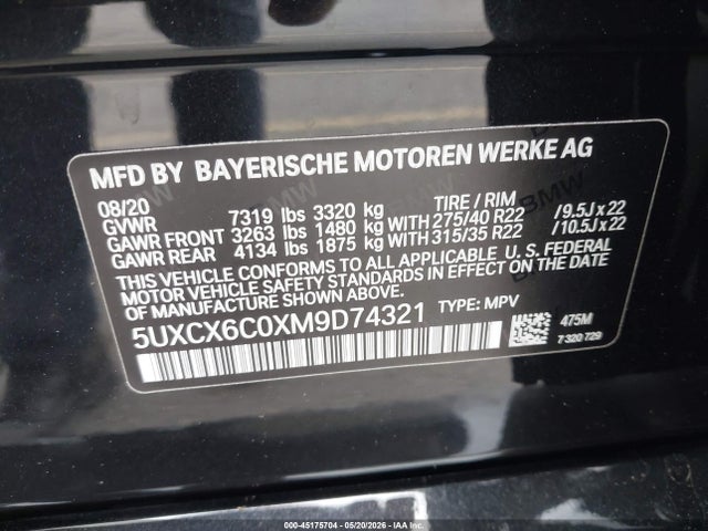 45175704 :رقم المزاد ، 5UXCX6C0XM9D74321 vin ، 2021 Bmw X7 M50i مزاد بيع