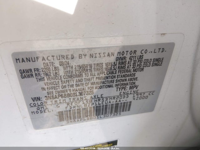 Auction sale of the 2025 Nissan Kicks S Intelligent Awd, vin: 3N8AP6BB0SL307325, lot number: 45175706
