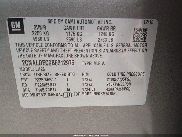 Aukcja sprzedaży 2011 Chevrolet Equinox 1lt, vin: 2CNALDEC9B6312975, numer aukcji: 45175707