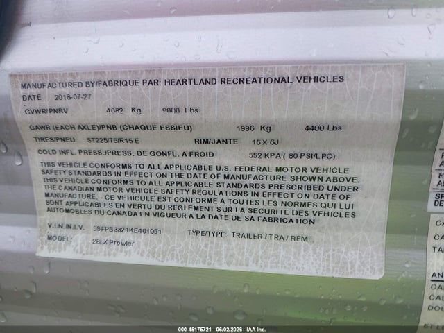 Продаж на аукціоні авто 2019 Heartland Prowler, vin: 5SFPB3321KE401051, номер лоту: 45175721