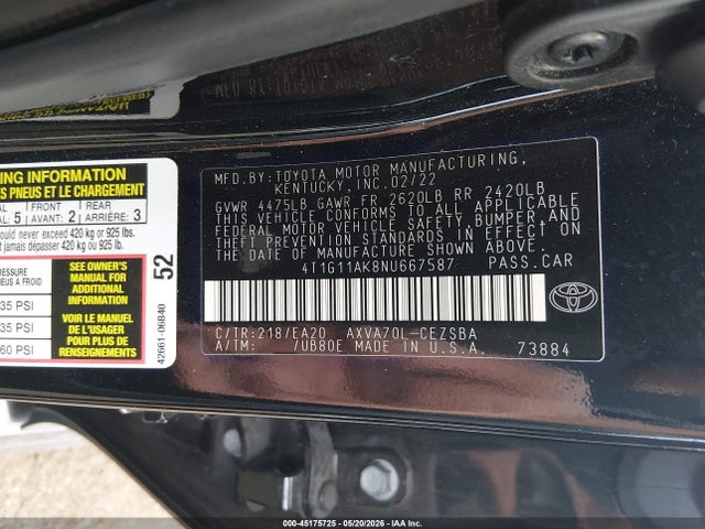 Продаж на аукціоні авто 2022 Toyota Camry Se, vin: 4T1G11AK8NU667587, номер лоту: 45175725