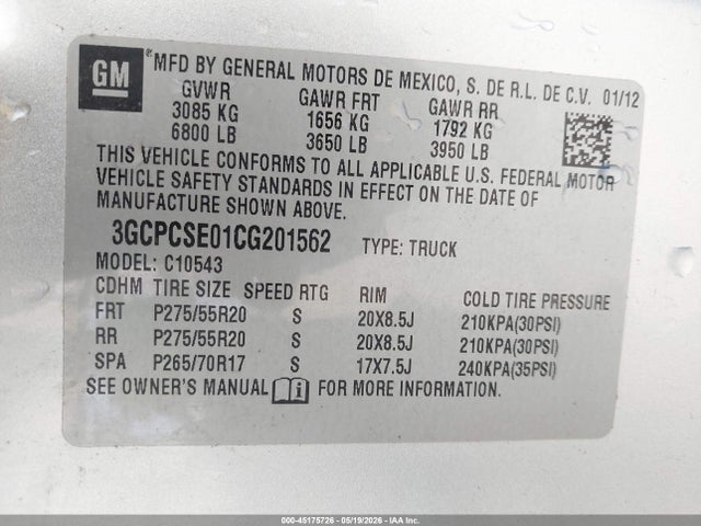 Auction sale of the 2012 Chevrolet Silverado 1500 Lt, vin: 3GCPCSE01CG201562, lot number: 45175726