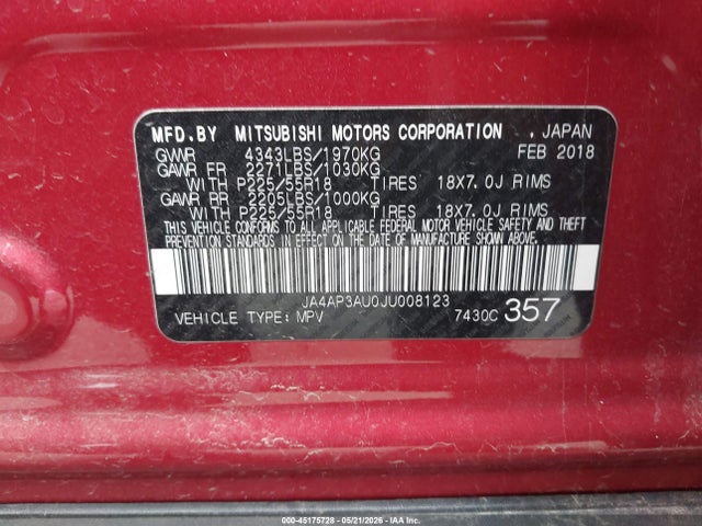 JA4AP3AU0JU008123 Mitsubishi Outlander Sport 2.0 Le
