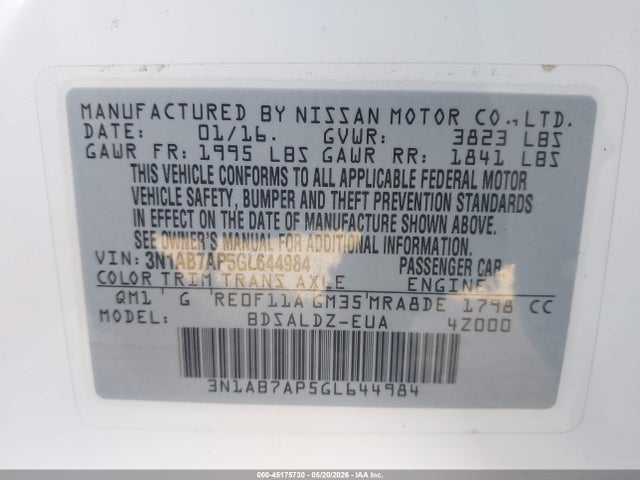 3N1AB7AP5GL644984 Nissan Sentra Fe+ S/s/sl/sr/sv