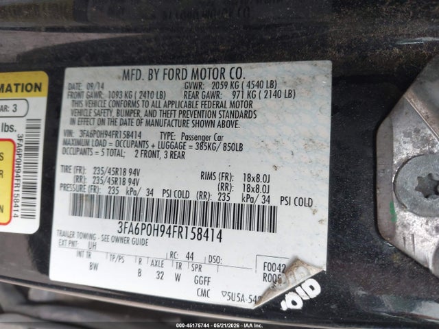 2015 Ford Fusion Se მანქანა იყიდება აუქციონზე, vin: 3FA6P0H94FR158414, აუქციონის ნომერი: 45175744