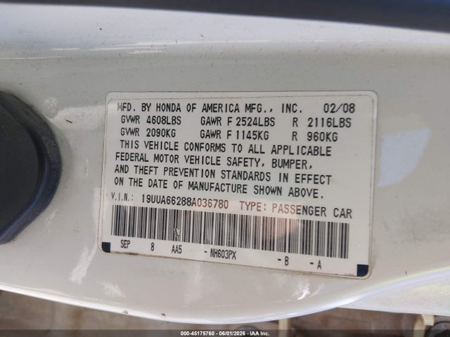 2008 Acura Tl მანქანა იყიდება აუქციონზე, vin: 19UUA66288A036780, აუქციონის ნომერი: 45175760