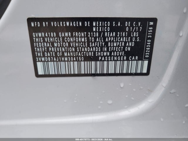 45175773 :رقم المزاد ، 3VWDB7AJ1HM304150 vin ، 2017 Volkswagen Jetta 1.4t Se مزاد بيع