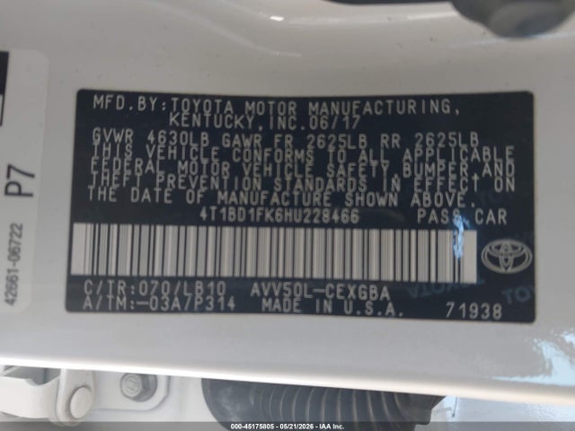 4T1BD1FK6HU228466 Toyota Camry Hybrid Xle