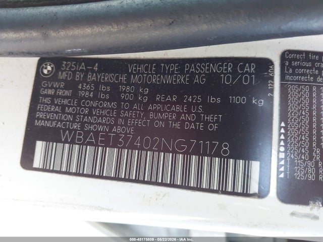 2002 Bmw 325i მანქანა იყიდება აუქციონზე, vin: WBAET37402NG71178, აუქციონის ნომერი: 45175809