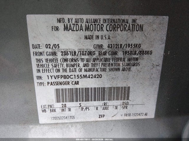 Продажа на аукционе авто 2005 Mazda Mazda6 I Base, vin: 1YVFP80C155M42420, номер лота: 45175811