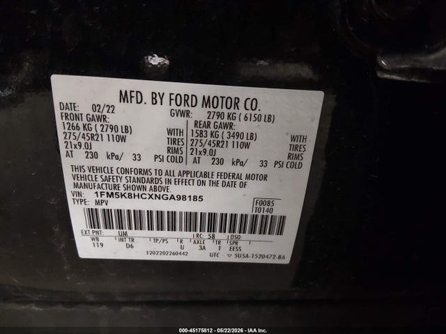 Продажа на аукционе авто 2022 Ford Explorer Platinum, vin: 1FM5K8HCXNGA98185, номер лота: 45175812