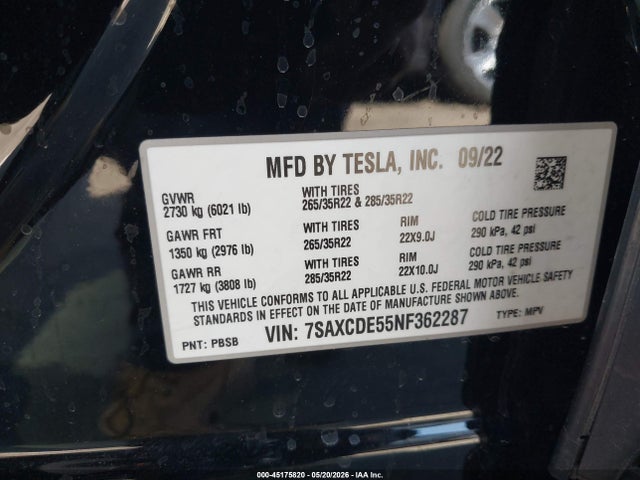 Tesla MODEL X 2022 7SAXCDE55NF362287 Image 9
