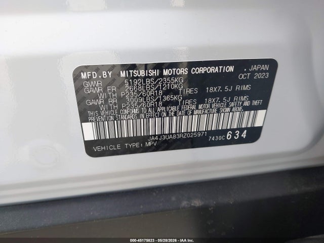 Aukcja sprzedaży 2024 Mitsubishi Outlander Es 2.5 2wd, vin: JA4J3UA83RZ025971, numer aukcji: 45175823