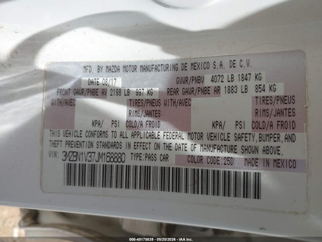 45175839 :رقم المزاد ، 3MZBN1V37JM168880 vin ، 2018 Mazda Mazda3 Touring مزاد بيع