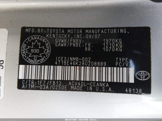 2008 Toyota Camry Le მანქანა იყიდება აუქციონზე, vin: 4T1BE46K28U208889, აუქციონის ნომერი: 45175841