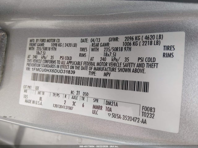 45175854 :رقم المزاد ، 1FMCU0HX6DUD31839 vin ، 2013 Ford Escape Sel مزاد بيع