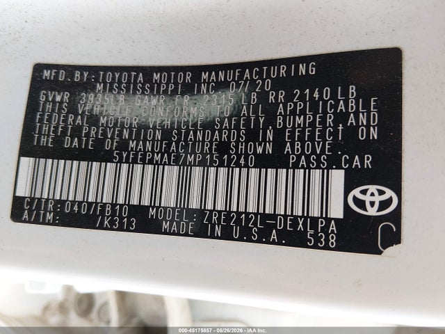 Toyota COROLLA LE 2021 5YFEPMAE7MP151240 Image 9