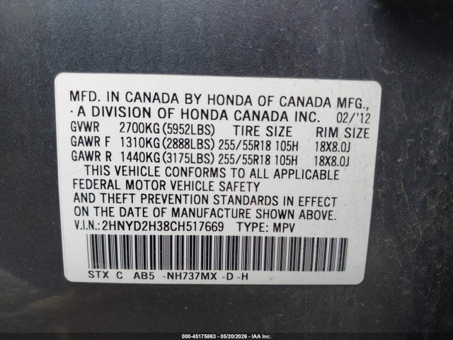 45175863 :رقم المزاد ، 2HNYD2H38CH517669 vin ، 2012 Acura Mdx Technology Package مزاد بيع