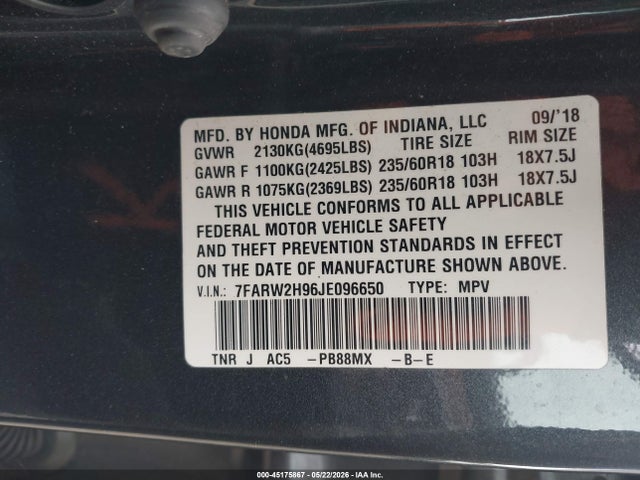 Продаж на аукціоні авто 2018 Honda Cr-v Touring, vin: 7FARW2H96JE096650, номер лоту: 45175867