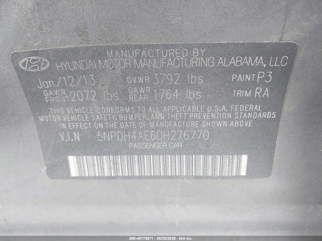 Aukcja sprzedaży 2013 Hyundai Elantra Limited, vin: 5NPDH4AE6DH276770, numer aukcji: 45175871