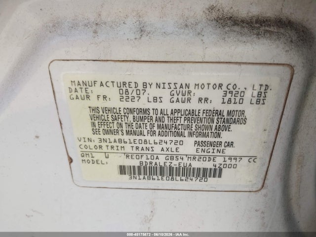 Aukcja sprzedaży 2008 Nissan Sentra 2.0s, vin: 3N1AB61E08L624720, numer aukcji: 45175872