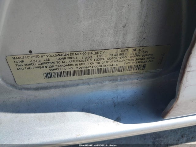 45175873 :رقم المزاد ، 3VWRM71K08M076456 vin ، 2008 Volkswagen Jetta Se/sel مزاد بيع