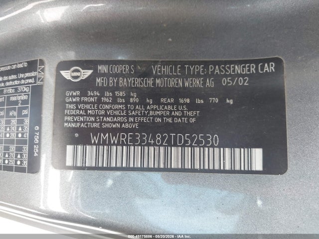Продаж на аукціоні авто 2002 Mini Cooper S, vin: WMWRE33482TD52530, номер лоту: 45175886