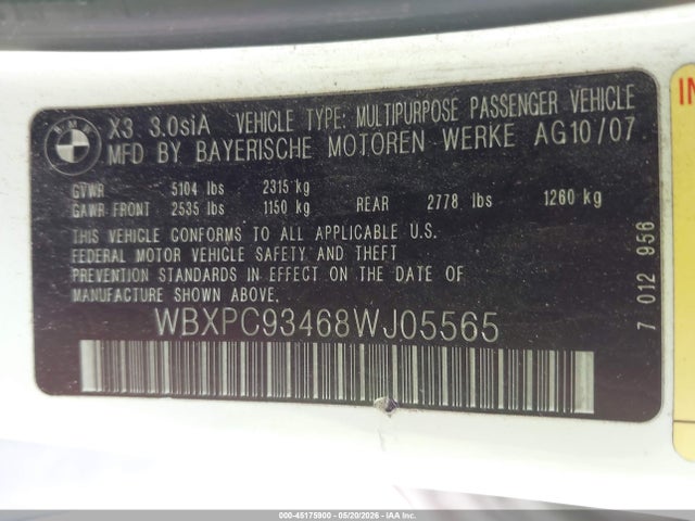 45175900 :رقم المزاد ، WBXPC93468WJ05565 vin ، 2008 Bmw X3 3.0si مزاد بيع