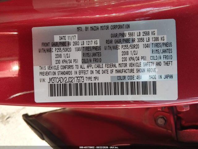 Aukcja sprzedaży 2018 Mazda Cx-9 Grand Touring, vin: JM3TCADY2J0217973, numer aukcji: 45175902