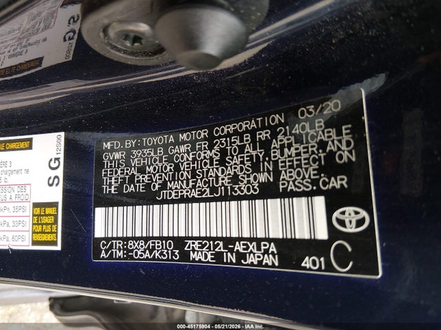 Aukcja sprzedaży 2020 Toyota Corolla Le, vin: JTDEPRAE2LJ113303, numer aukcji: 45175904