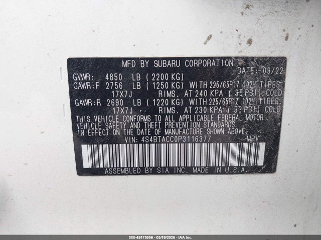 2023 Subaru Outback Premium მანქანა იყიდება აუქციონზე, vin: 4S4BTACC0P3116377, აუქციონის ნომერი: 45175906