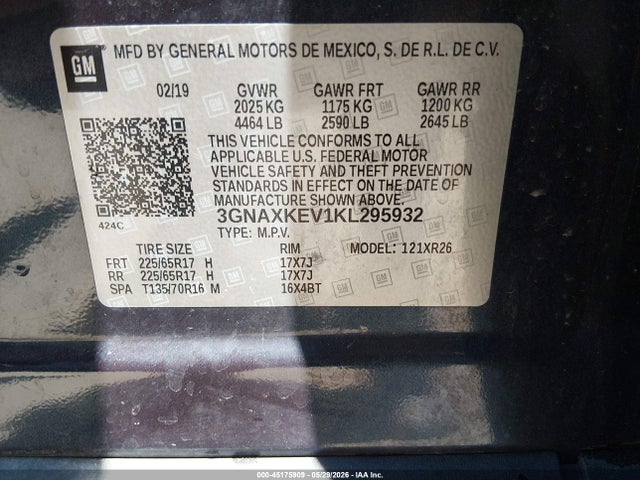 Продажа на аукционе авто 2019 Chevrolet Equinox Lt, vin: 3GNAXKEV1KL295932, номер лота: 45175909