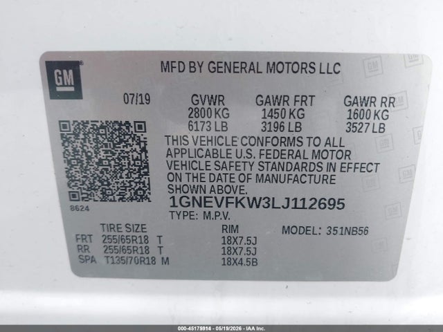 1GNEVFKW3LJ112695 Chevrolet Traverse Awd Ls