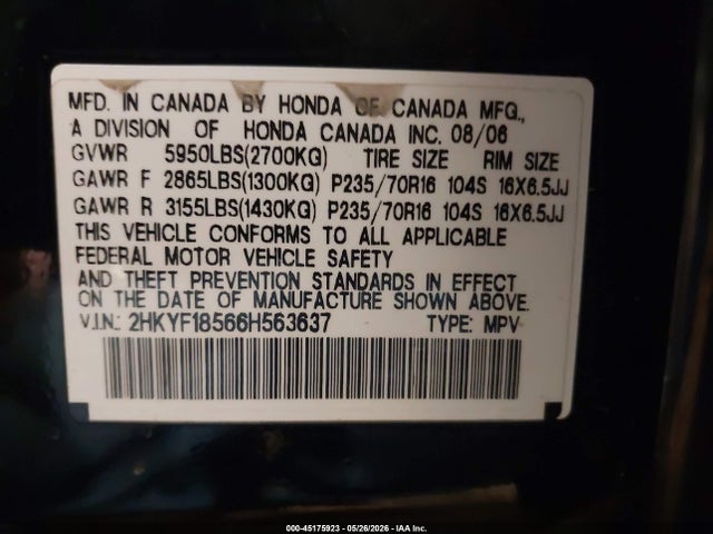 Aukcja sprzedaży 2006 Honda Pilot Ex-l, vin: 2HKYF18566H563637, numer aukcji: 45175923