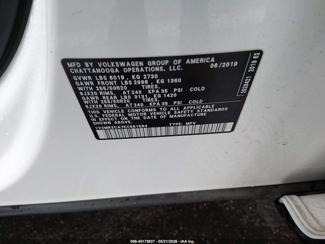 Aukcja sprzedaży 2019 Volkswagen Atlas 3.6l V6 Sel, vin: 1V2MR2CA7KC581584, numer aukcji: 45175927