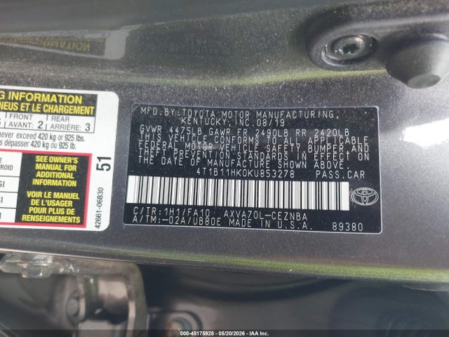 4T1B11HK0KU853278 Toyota CAMRY LE