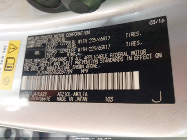 Aukcja sprzedaży 2016 Lexus Nx 200t, vin: JTJYARBZ4G2037709, numer aukcji: 45175939