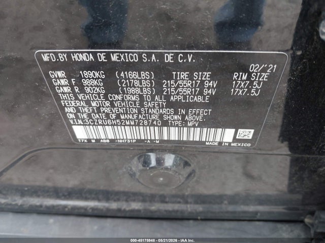 45175948 :رقم المزاد ، 3CZRU6H52MM728740 vin ، 2021 Honda Hr-v Awd Ex مزاد بيع