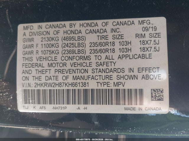 2HKRW2H87KH661381 Honda Cr-v Ex-l