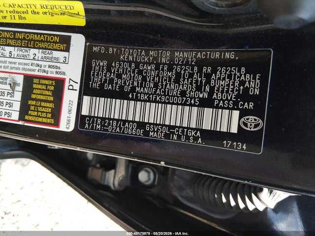 Продажа на аукционе авто 2012 Toyota Camry Xle V6, vin: 4T1BK1FK9CU007345, номер лота: 45175978
