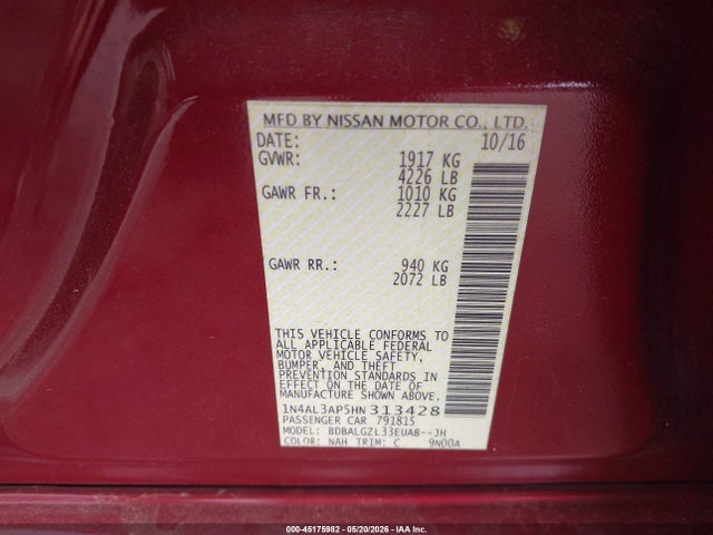 Aukcja sprzedaży 2017 Nissan Altima 2.5 S, vin: 1N4AL3AP5HN313428, numer aukcji: 45175982