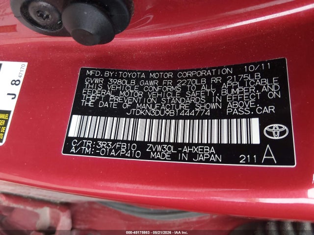 45175983 :رقم المزاد ، JTDKN3DU9B1444774 vin ، 2011 Toyota Prius Two مزاد بيع