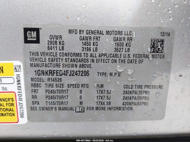 2015 Chevrolet Traverse Ls მანქანა იყიდება აუქციონზე, vin: 1GNKRFED4FJ247206, აუქციონის ნომერი: 45175984
