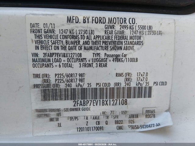 2011 Ford Crown Victoria Lx მანქანა იყიდება აუქციონზე, vin: 2FABP7EV1BX127108, აუქციონის ნომერი: 45175991